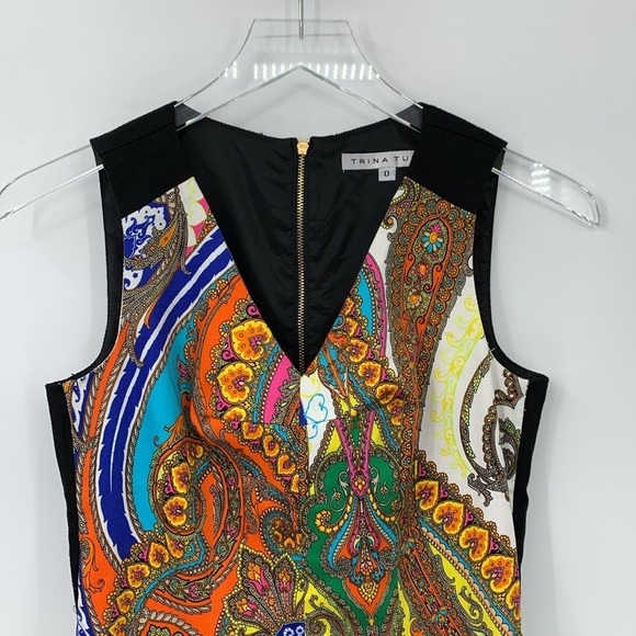 Trina Turk Angelina shift dress paisley black sleeveless sheath orange blue 0 - Picture 2 of 4